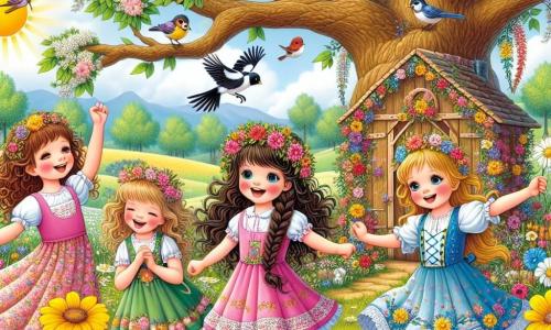 Patru fetițe de șase ani stau într-o fermecătoare fânătoare plină de flori colorate. Ana, cu părul brun și buclat, poartă o rochie roz și dansează fericită în mijloc, ridicând brațele spre cer. La dreapta ei, Maria, cu părul blond împletit și o rochie galbenă, se apleacă să admire un fluture care zboară în jurul ei. La stânga, Ioana, cu părul negru și drept, îmbrăcată într-o rochie albastră, observă o măcăleandră pe o ramură de copac. În final, Elena, cu părul castaniu și o coroană de flori pe cap, zâmbește ținând o floare în mâini. Locul este o frumoasă pajiște însorită, presărată cu flori sălbatice colorate, cu un copac mare în fundal, ramurile fiind pline de frunze verzi. Cerul este de un albastru strălucitor, cu câteva nori albi și soarele strălucind. Fetele sărbătoresc venirea primăverii dansând și cântând, înconjurate de frumusețea naturii, învățând în același timp importanța protejării florilor și păsărilor.