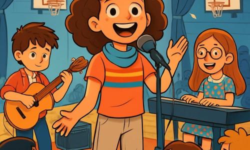 Uma jovem, Marina, está no centro de um grande ginásio transformado em palco, seu rosto iluminado por um sorriso radiante e olhos brilhantes de excitação. Ela usa uma camiseta colorida e um cachecol macio, com cabelos cacheados ao redor do rosto. Ela canta com paixão, sua voz parecendo dançar no ar. À sua direita, um garoto, o guitarrista, de cerca de 12 anos, ajusta sua guitarra com um olhar concentrado, enquanto à sua esquerda, uma menina, a pianista, de aproximadamente 11 anos, com óculos redondos e um vestido florido, toca notas leves no piano, seu rosto radiante de alegria. O ginásio é amplo, com paredes pintadas de azul claro e cortinas pretas escondendo cestas de basquete. Tapetes macios cobrem o chão e luzes cintilantes pendem do teto, criando uma atmosfera mágica. A cena principal mostra Marina liderando seus amigos músicos, as crianças aplaudindo e batendo palmas em ritmo, criando uma atmosfera alegre e colaborativa, fascinadas pela música.