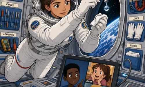 Mulher astronauta, rosto determinado e benevolente, cabelo castanho reunido sob um capacete translúcido, expressão concentrada e sorridente, veste traje espacial branco com emblemas coloridos; flutua usando uma pequena chave de fenda e um pano para apertar uma abraçadeira e limpar uma minúscula gota de água brilhante. Joana (≈11 anos) aparece num ecrã de vídeo, rosto maravilhado, rabo de cavalo castanho, segura um smartphone em plano próximo com luz quente; Tiago (≈12 anos) no lado esquerdo do ecrã, cabelo preto, sobrancelha franzida, levanta um dedo como para perguntar; Miguel (≈11 anos) no canto inferior direito, loiro, risonho e entusiasmado, faz um gesto de aplauso com a luz do ecrã iluminando o rosto. Local: interior de um módulo espacial moderno, paredes metálicas cinza com painéis de botões, prateleiras com ferramentas presas por velcro, cabos organizados e etiquetas multilíngues; grande escotilha oval mostra a Terra azul ao fundo. Situação: reparo delicado em microgravidade — uma gota minúscula próxima a uma junção; a astronauta manipula calmamente ferramentas e panos enquanto quatro crianças acompanham por videoconferência; cena luminosa, cores nítidas e detalhes técnicos visíveis (parafusos captivos, filtros, etiquetas).