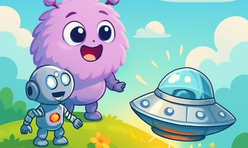 Astro-Flauschi, ein kleiner runder Außerirdischer mit lilafarbenem Fell und leuchtenden Augen, steht auf einem Hügelgipfel, die Augen weit aufgerissen vor Staunen und mit einem strahlenden Lächeln im Gesicht. Neben ihm schaut Pip, ein kleiner silberner Roboter mit beweglichen Armen und blinkenden Lichtern, mit einer Miene der Aufregung und Neugier auf das Raumschiff, seine leuchtenden Augen funkeln in der Sonne. Der Ort ist ein grüner Hügel auf dem Planeten Plüschon, übersät mit bunten Blumen und flauschigen Wolken in einem strahlend blauen Himmel. Unten glänzt ein silbernes Raumschiff, das Funken sprüht und fröhliche Geräusche von sich gibt, umgeben von einer geheimnisvollen Aura. Die Hauptsituation zeigt Astro-Flauschi und Pip, die staunend und neugierig langsam auf das Raumschiff zugehen, bereit zu entdecken, was sie im Inneren erwartet.