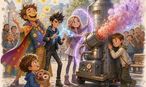 Milo is a round-faced man with tousled hair, wearing a smiling yellow mask and colorful cape, laughing and releasing glowing laugh-bubbles; Zed is a slim teen boy with spiky hair and a mischievous look, sparking blue sparks between his fingers beside Milo; Liora is a long-haired, fair-skinned teen girl with a gentle gaze, forming a protective violet light bubble around the machine's nozzle; Nico is a smaller teen boy with short hair, touching the Mega-Mist 3000 and speaking to it softly with a shy smile; Puck is a brown-haired seven-year-old clutching a bag of donuts in the foreground, admiring the heroes; the scene takes place on a modern urban square with cobbles, benches and light panels, the Mega-Mist 3000 blowing an irritating reddish pepper vapor that gradually becomes a calming lavender mist as the team soothes the crowd—smiling relieved onlookers in the background—rendered in a colorful, high-contrast, rounded style with chalky textures and playful doodles of stars, musical notes and ticklish noses.