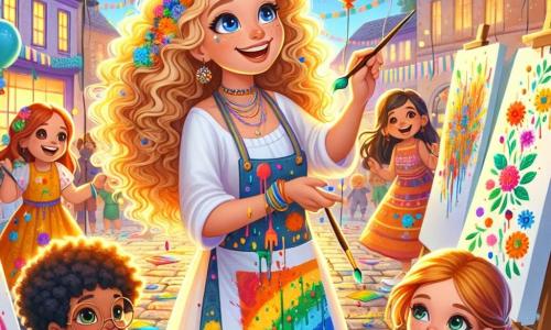 Clara, una mujer de cabello rizado y dorado, irradia alegría mientras se encuentra en el centro de una gran plaza colorida, rodeada de globos flotantes. Lleva un delantal salpicado de pintura y sostiene un pincel en una mano, sonriendo a los niños que la rodean. Leo, un niño de 8 años con grandes gafas y una camisa azul, está inclinado sobre un lienzo, añadiendo toques de amarillo brillante a una hoja que acaba de pintar. Valentina, una niña de 7 años con cabello castaño y ojos brillantes, está a su lado, sosteniendo un pincel y mirando con asombro su propio jardín colorido que acaba de crear. La escena tiene lugar en una plaza animada, decorada con guirnaldas de colores vivos y grandes hojas de papel colgadas de los árboles, donde las risas de los niños resuenan en el aire. Clara guía a los niños en la creación de un mural comunitario, cada uno añadiendo su toque personal a un gran árbol colorido, simbolizando la unidad y la creatividad.