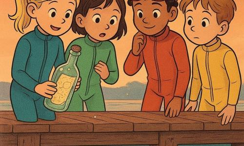 Er zijn 4 kinderen: - Een meisje genaamd Noor, 8 jaar oud, met blond haar in een paardenstaart, draagt een blauwe duikpak. Ze houdt een glazen fles met een mysterieuze kaart vast, staand aan de linkerkant van de afbeelding. - Een meisje genaamd Mila, 8 jaar oud, met kort bruin haar, draagt een groene duikpak. Ze bekijkt nieuwsgierig de kaart, staand naast Noor. - Een jongen genaamd Ravi, 8 jaar oud, met zwart krullend haar, draagt een rode duikpak. Hij stelt zijn duikhelm bij, staand rechts van Mila. - Een jongen genaamd Sem, 8 jaar oud, met warrig kastanjebruin haar, draagt een gele duikpak. Hij kijkt naar het water, staand naast Ravi. De locatie is een oude houten kade, badend in het zachte schemerlicht. Het water eronder is helder en sprankelend, onthullend zilveren vissen die eronder zwemmen. De hoofdsituatie toont de kinderen verzameld rond de fles met de kaart, hun gezichten verlicht door de gloed van de kaart in algen. De sfeer is gevuld met opwinding en mysterie, terwijl kleine belletjes uit het water opstijgen, wat een magisch tintje aan de scène toevoegt.