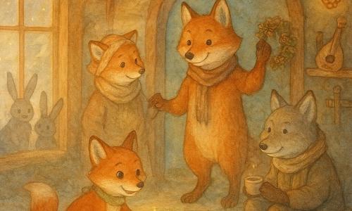 An anthropomorphic red fox (the main character) stands by a wooden window with a warm smile and gentle eyes, waving; Aunt Maple, an older vixen, stands behind him tenderly adjusting a pinecone garland; young Cousin Juniper crouches by a circle of snack stones, eyes bright as they place glowing moss on small ice pebbles outside; Grandpa Bramble, a grizzled fox, sits on a foam cushion calmly holding a small cup beside a polished wooden bowl for wishes; two shy gray rabbits watch at the tree line, one tentatively raising a paw; the warm wooden den has fur rugs, hanging pinecone lanterns, handmade instruments, soft light and faint wood smoke, while outside a winding path of translucent ice and mossy stones leads to the window and snow reflects the lanterns’ golden glow — an intimate, slightly magical New Year family moment.