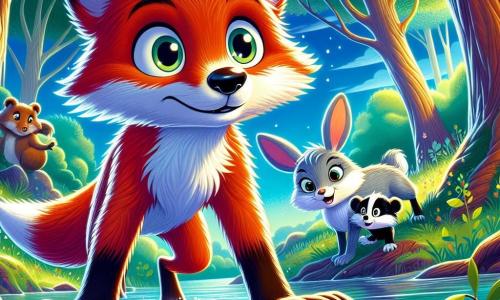 Ein junger Fuchs mit leuchtenden Augen und strahlend rotem Fell steht mutig am Ufer eines Sees, sein Blick ist entschlossen und neugierig. Er ist von leichter Nebel umgeben, der um ihn tanzt und seiner mutigen Miene einen Hauch von Geheimnis verleiht. Neben ihm beobachtet eine kleine silberne Häsin, Lira, mit sanften Augen und besorgtem Ausdruck den See, bereit ihm zu helfen. Ein Stück weiter lächelt ein schlauer Dachs, Grom, mit schwarz-weißem Fell verschmitzt und zeigt ein selbstbewusstes, ermutigendes Gesicht. Die Szenerie ist eine zauberhafte Landschaft, in der majestätische Bäume mit knorrigen Stämmen um den See aufragen, deren Blätter im Morgenlicht funkeln. Die Wasseroberfläche ist ruhig wie ein Spiegel und spiegelt den blauen Himmel mit fluffigen Wolken wider. Die Hauptsituation zeigt den jungen Fuchs, der sich darauf vorbereitet, in den geheimnisvollen See zu springen, entschlossen, seine Ängste zu überwinden und das Geheimnis zu entdecken, das darin verborgen ist, während seine Freunde ihn mit hoffnungsvollen Blicken ermutigen.