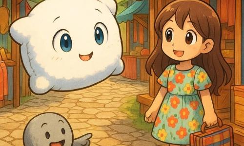 Un cuscino bianco e morbido tipo peluche, occhi azzurri ricamati e piccolo sorriso cucito, fluttua leggermente sopra un sentiero lastricato, inclinando la "testa" a destra; una bambola di pezza bruna, sorridente, con vestito floreale e piccola valigia in stoffa, sta su un gradino di legno davanti a una bottega osservando il cuscino; una piccola pietra grigia chiamata Ciottolino, rotonda con volto dipinto, indica con il "dito" una mappa ed è sull'erba vicino al sentiero; il mercato è animato con bancarelle di legno colorate, tessuti appesi, lanterne dorate al sole, ciottoli irregolari e alberi che fiancheggiano una piazzetta in discesa; scena: Piumino arriva al mercato di Kiev nel tardo pomeriggio, fluttua sui sampietrini e incontra la bambola Katya davanti a una bottega, atmosfera calda e colori saturi.