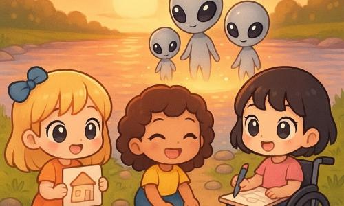 Hay 3 personajes principales: - Luna, una niña de 5 años, lleva un lazo azul en su cabello rubio y sostiene un dibujo de una casa. Está sentada a la izquierda, cerca del borde del río. - Vera, una niña de 5 años, tiene una gran sonrisa y cabello castaño rizado. Está sentada en el centro, alineando piedras de colores en una bonita fila. - Maia, una niña de 5 años, está en silla de ruedas, con cabello negro corto, y sostiene un lápiz en su mano derecha. Está a la derecha, dibujando un plano en un cuaderno. El lugar es una orilla de río brillante, bordeada de piedras redondas y hierbas verdes. El sol poniente colorea el cielo de tonos anaranjados y rosados, y el agua refleja estos colores en suaves olas. La situación principal muestra una pequeña esfera luminosa flotando sobre el río, emitiendo un suave resplandor. Tres pequeñas criaturas extraterrestres, con piel plateada y ojos brillantes, emergen de la esfera. Observan los dibujos de las niñas con curiosidad y asombro. Las niñas, con expresiones de sorpresa y alegría, comparten un momento mágico con estos visitantes de otro mundo.