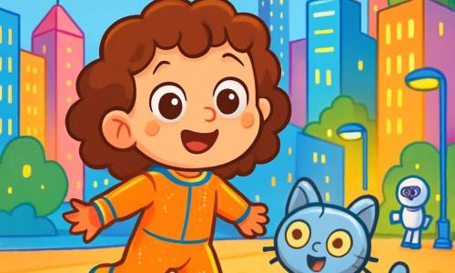 Una bambina di 4 anni, Sofia, con grandi occhi brillanti e capelli ricci, indossa una tuta futuristica scintillante e scarpe magiche che fanno "bip bip". Sorride meravigliata, pronta a esplorare la città. Accanto a lei, il suo gattino robot, Micio-luminoso, è un piccolo gatto metallico dagli occhi luminosi, che fa piroette ed emette suoni gioiosi. Lo scenario è una città futuristica, con grattacieli colorati, auto volanti nel cielo blu e giardini lussureggianti sui tetti. Luci vivaci illuminano le strade e robot amichevoli salutano i passanti. Sofia, piena di entusiasmo, si trova in mezzo a una piazza animata, guardando intorno con curiosità, pronta a scegliere la sua prossima avventura in questo mondo magico.
