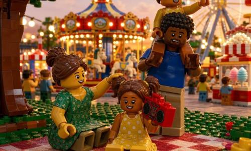 A joyful, focused 6-year-old girl with light brown hair in pigtails wearing a yellow polka-dot dress holds a small shiny red tape recorder to her ear and smiles; a calm, smiling woman in her 30s with brown hair in a bun and a green dress sits on a checkered blanket nearby, reaching to stroke the girl's head; a funny, protective man around 32 with light stubble and a blue T-shirt stands behind, carrying the girl on his shoulders and pointing toward the rides. It's a late-afternoon fair with a colorful carousel, lit Ferris wheel, popcorn and cotton-candy stalls, string lights and trees; the family watches from a blanket under a large tree as the girl records and listens to the sounds and laughter in warm sunset light.