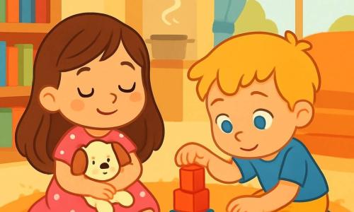 Hay 2 personajes principales: - Luna: una niña de 3 años, con largos cabellos castaños y ojos brillantes. Lleva un vestido rosa con lunares blancos y está sentada sobre una alfombra suave, rodeada de juguetes. - Tomás: un niño de 3 años, con el cabello rubio despeinado y ojos azules. Lleva una camiseta azul y un pantalón corto amarillo, y está agachado al lado de Luna, jugando con bloques de colores. El lugar donde se desarrolla la situación principal es una sala acogedora, con paredes pintadas de amarillo pastel. Hay una gran alfombra mullida en el suelo, estanterías llenas de libros coloridos y una ventana que deja entrar la luz dorada del sol. Un suave aroma a sopa flota en el aire, proveniente de la cocina vecina. La situación principal de la historia muestra a Luna descansando sobre la alfombra, con una ligera sonrisa en su rostro, mientras Tomás juega suavemente a su lado con bloques de madera. Luna tiene un pequeño hueso de peluche en sus brazos y cierra los ojos, disfrutando de un momento de calma y consuelo. Tomás, atento, construye una torre de bloques, asegurándose de no hacer ruido para no molestar a su amiga.