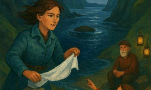 Female explorer, about 35, determined and serene face, worn teal coat, wind-tossed brown hair, holding a rolled map and placing a white cloth marker on a stacked rock on a rocky promontory; girl, about 8, braided hair, awed expression, standing on a low dune to the right pointing at the channel notch and watching from the shore; elderly man, about 70, short gray beard, fisherman's clothes, sitting on a rock near a beach campfire with hanging lanterns, smiling calmly and observing; setting: narrow strait between steep green cliffs with mossy walls, dark swirling water and a flat reef emerging, early night with a low crescent moon and light sea mist; main action: the woman marks the safe turn in the channel, her boat moored in a nearby cove, moonlight silvering the reef—a cautious, peaceful exploration with measured courage.