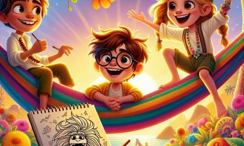 En el centro de la imagen, Max, un niño de 12 años con cabello castaño desordenado y gafas, está acostado en una hamaca colorida, con una sonrisa soñadora en el rostro. A su derecha, Carla, una niña de 11 años con trenzas rubias y un cuaderno de bocetos en la mano, observa alegremente las flores que bailan a su alrededor. A la izquierda, Leo, un niño de 12 años que lleva un sombrero ridículo con la inscripción "Soy un héroe", hace gestos exagerados mientras cuenta una historia, con los ojos brillantes de entusiasmo. El escenario es una isla mágica, bañada en luz dorada, con palmeras de troncos coloridos y flores brillantes que parecen bailar al ritmo de una melodía invisible. En el fondo, criaturas peludas y amigables, los Dormilones, se mecen en hamacas, añadiendo un toque de fantasía a la escena. La situación principal muestra a los tres amigos riendo y bailando juntos, rodeados de flores luminosas y criaturas alegres, mientras celebran su victoria tras haber encontrado el tesoro de la Isla de los Sueños.