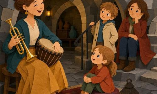 A serene, smiling female musician holds a shiny trumpet and a round djembe under her arm, with a soft face, chestnut hair in a bun, laughing eyes and an attentive posture as she plays gently; an amazed six-year-old girl sits on a small cushion by the rug with hands on her knees watching; a curious eight-year-old boy stands behind her in a light coat, one hand on the railing and head tilted listening; a calm thirty-five-year-old mother sits on a step at the back with an open coat and a tender smile watching the children; the room is a vaulted grey stone cellar with rounded arches and a flagstone floor, two yellow lanterns on a small red rug, a candle in a jar and a discreet old ceiling fan; the scene is an intimate mini-concert with the musician playing a soft melody, lantern light casting warm shadows, children listening in wonder, and visible paper-cut textures with sharp edges and flat, contrasting colors.