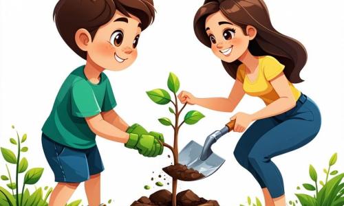 Um menino de 6 anos, Miguel, com cabelos castanhos bagunçados e olhos brilhantes de curiosidade, está plantando uma pequena árvore em um buraco que ele cavou. Ele usa uma camiseta verde vibrante e um short azul, e seu rosto irradia alegria e empolgação. Ao lado dele, sua mãe, uma mulher sorridente de cerca de 30 anos, com cabelos longos e castanhos, o incentiva segurando uma pequena pá, vestida com uma blusa leve e um chapéu de palha para se proteger do sol. O local é um parque verdejante, cheio de grandes árvores majestosas, flores coloridas e um céu azul claro. O solo está coberto de folhas e pequenas pedras, e pode-se ouvir pássaros cantando nos galhos. A cena principal mostra Miguel e sua mãe cuidando da natureza, plantando árvores e limpando o parque, cercados de risos e uma atmosfera alegre.