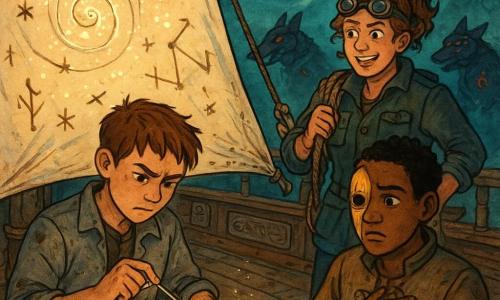 A focused 12-year-old Milo, sleeves rolled, in a gray oil-stained canvas jacket and short messy chestnut hair, hunches on the polished wood-and-copper deck of a science-fantasy caravel sewing a large cream sail embroidered with stars and runes using a glowing silver thread and rune-scribe to mend a tear; nearby sits an anxious-but-relieved ~12-year-old Orin with a dented brass mask and cracked glass eye, hand on a small lunar mechanism plate on his chest, watching, while Aunt Sera, ~35, energetic with aviator goggles on her forehead and a tool-packed jacket, stands by the rail holding a rope; the deck overlooks a luminescent stone road and rune ribbons fading into mist under a night sky with a spiral aurora and geometric stars as Milo’s stitched constellations form a luminous spiral to divert three red-rune metal wolf-dogs attacking, the warm sail light contrasting with cold mist and red pursuit glints.