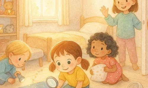 There are four children: Emma, 6, chestnut pigtails, sparkling green eyes, wearing a yellow T-shirt and holding a magnifying glass crouched by the star rug; Lila, 6, curly black hair, pink polka‑dot dress, kneeling by the bed with a cushion, curious toward the rug; Zoe, 6, blonde braid, sky‑blue sweater, searching under the bed with a small flashlight at left; Maya, 6, straight brown hair, mint sweatshirt, standing near the door showing her bare wrist with a relieved smile and a broken bracelet with beads on the floor nearby. The bright child's bedroom has a large window with soft morning light, cream walls, a dark blue starry rug, a low bed with an astronaut blanket, a wooden shelf of stuffed animals and a small table with a spilled bowl of popcorn; soft watercolor textures, subtle shadows and bright highlights on the beads and magnifying glass. The four little detectives examine a scattered bead necklace on the rug, a trail of beads leads from the bottom of the stairs to the rug, a magnifying glass enlarges a shiny bead, their expressions are concentrated and joyful in a friendly investigative scene.