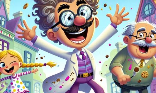 A man, Professor Pizzazz, is at the center of the image, with curly, messy hair and large round glasses sliding down his nose. He wears a purple lab coat covered in paint splatters and cookie crumbs, and has an excited smile on his face, arms raised in celebration of his cookie machine's emergence. Next to him, a young girl named Lily, about 8 years old, with braided blonde hair and a colorful polka-dot dress, runs laughing with arms outstretched to catch a flying cookie. An elderly man, Mr. Crumble, around 70 years old, with a gray mustache and glasses, stands slightly back, holding a cookie on his head with a surprised yet amused expression. The scene takes place in the bustling village square of Whizzlewick, surrounded by colorful houses with sloping roofs, vibrant flowers, and balloons floating in the blue sky. At the center, the Cookie-O-Matic, adorned with shiny buttons and blinking lights, emits a sweet aroma of warm cookies. The main situation shows Professor Pizzazz enthusiastically operating his cookie machine, while giant cookies fly through the air, causing laughter and joy among the villagers.