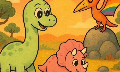 A long, rounded young diplodocus with pale green skin and lighter spots, big shiny eyes, smiling and amazed, holding a small golden pebble in its tail, walks slowly across a golden plateau; to the right, a colorful pterodactyl perched on a rock with rainbow-painted wings and stylized feathers looks at the diplodocus with a gentle, dreamy expression while reciting a poem; a shy little triceratops with short horns and a rosy frill walks beside the diplodocus, looking around and grateful; the plateau has glittering ground, low colorful grasses, a few rounded rocks and twisted-trunk trees under a pastel sky streaked with soft clouds; the scene shows the three dinosaurs strolling at sunset in warm orange light with a magical, friendly atmosphere, centered and child-readable.