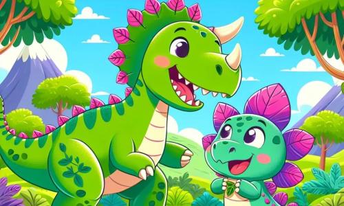 Un triceratops llamado Tito, grande y amable, con piel verde y patrones de hojas, se encuentra alegremente en el centro de la imagen, sonriendo con sus tres cuernos afilados brillando bajo el sol. A su lado, una pequeña estegosaurio llamada Estela, con placas coloridas en rosa y violeta en su espalda, salta de alegría, sus ojos brillando de emoción. El decorado es una montaña verde, con árboles majestuosos, flores coloridas en el suelo y un cielo azul brillante con nubes blancas. La escena muestra a Tito y Estela buscando hojas deliciosas para comer, rodeados de la belleza natural de su hábitat prehistórico, llenos de risas y amistad.