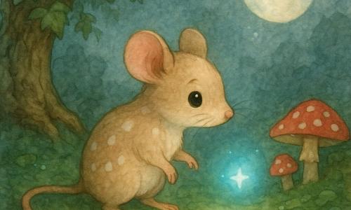 Uma pequena ratoa chamada Lila, corajosa e curiosa, pelo bege claro com manchas brancas, olhos grandes e vibrantes e bigodes finos, avança na ponta das patas olhando a luz com deslumbramento; expressão terna e um pouco hesitante, orelhas levemente abaixadas e cauda enrolada suavemente. Uma pequena luz azul flutuante, como uma miniestrela num halo translúcido, dança diante de Lila emitindo reflexos turquesa, convidativa. Folhas de musgo verde-esmeralda e cogumelos vermelhos com bolinhas brancas margeiam um caminho estreito, gotas de orvalho brilham como pérolas. Um velho carvalho de tronco rugoso e raízes retorcidas ocupa o fundo esquerdo, ramos cobertos de hera formando um teto protetor; a lua arredondada lança um brilho prateado que cria sombras azuladas e manchas de luz no solo. Cena principal: a ratoa aproxima-se cautelosamente da luz azul no centro do caminho musgoso, um momento calmo e mágico de ternura e maravilha.