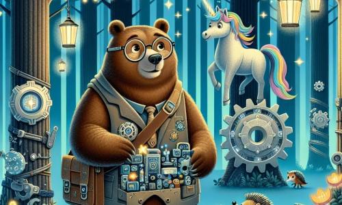 An illustration depicts a large brown bear with round glasses, carrying a small bag full of gadgets. It has a determined and curious expression, standing in the center of a magical glade surrounded by tall trees with metallic trunks and sparkling leaves. Next to it is a beautiful unicorn with an optical fiber mane, looking attentive and hopeful, observing the scene with bright eyes. A small hedgehog with screwdriver-shaped quills stands nearby, focused and ready to contribute to the discussion. The main setting is the Glade of Gadgets, where nature and technology intertwine harmoniously, featuring a large gear at the center, surrounded by luminescent flowers and mechanical creatures. The main situation shows the characters enthusiastically discussing, seeking to balance the magic of the forest with the innovations of the technological city. Additional graphic elements include floating lanterns illuminating the scene, floating holograms representing ideas, and small mechanical creatures moving around them, symbolizing the union of the two worlds.