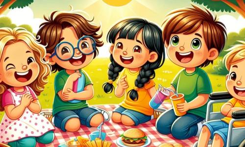 In einem sonnigen Park sind vier Freunde zu einem fröhlichen Picknick versammelt. Mia, ein 8-jähriges Mädchen mit lockigem, blondem Haar in einem rosa Kleid mit weißen Punkten, sitzt auf einer Picknickdecke und lacht. Tim, ein 9-jähriger Junge mit runden Brillen und unordentlichen braunen Haaren, steht und schenkt Saft in bunte Plastikbecher ein. Lisa, ein 7-jähriges Mädchen mit langen, geflochtenen schwarzen Haaren in einer gelben Bluse und einer Jeansshorts, liegt auf dem Bauch und erzählt aufgeregt eine Geschichte. Max, ein 8-jähriger Junge im Rollstuhl mit braunen Haaren, trägt ein blaues T-Shirt und rote Turnschuhe und sitzt neben der Decke, bereit für ein Spiel. Der Park ist voller großer grüner Bäume, bunter Blumen und einem klaren blauen Himmel mit ein paar weißen Wolken. In der Mitte dieser fröhlichen Szene nähert sich ein neugieriger kleiner Igel der Decke, angezogen von den Keksen, während die Freunde zusammen lachen und bereit sind, ihr Picknick zu teilen und lustige Abenteuer zu erleben.