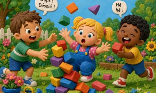 De hoofdfiguur is Lotte, 4 jaar, blonde staartjes, vrolijk en verrast, gehurkt met handen in de lucht terwijl gekleurde blokken om haar heen vallen; links haar 5-jarige oudere broer Max, châtain kort haar, glimlachend en onhandig reikend naar een blauw blok; rechts haar 3-jarige jongere broer Bram, krullend zwart haar, giechelend en ondeugend met een rood blok, alsof hij per ongeluk duwde; zonnige tuin met kort gras, bloemen, een houten tafeltje, zachte schaduwen, verspreide speeltjes en witte wolken aan een zachte blauwe lucht; een toren van gekleurde blokken stort in, met vliegende stukken, gelach, excuses en uitgebeelde gezichtsuitdrukkingen.