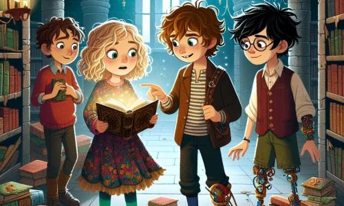 In einer alten Stebibliothek stehen vier Freunde in der Mitte des Raumes. Clara, ein 10-jähriges Mädchen mit lockigem, blondem Haar, trägt ein buntes Kleid und schaut staunend auf ein altes Buch, das sie in den Händen hält. Rechts von ihr zeigt Emil, ein 11-jähriger Junge mit Brille und zerzausten braunen Haaren, mit leuchtenden Augen auf eine Seite des Buches. Links lächelt Leni, ein 10-jähriges Mädchen mit einem bunten Beinprothese, entschlossen und bereit für ein Abenteuer. Schließlich steht Jonas, ein 11-jähriger Junge mit schwarzen Haaren und einem skeptischen Blick, mit verschränkten Armen und einem leichten Lächeln neben einem Regal voller staubiger Bücher. Die Bibliothek ist dunkel und geheimnisvoll, mit großen Holzregalen voller alter Bücher, Spinnweben in den Ecken und Lichtstrahlen, die durch bunte Glasfenster filtern und eine magische Atmosphäre schaffen. In der Mitte der Illustration schwebt ein kleines, feenhaftes Wesen, Fizz, ein Wichtel mit glitzernden Flügeln, fröhlich über dem Buch und bereit, ein Geheimnis zu enthüllen. Die Freunde stehen kurz davor, eine magische Welt zu entdecken, die in den Seiten des Buches verborgen ist, während ein geheimnisvoller Luftzug die Blätter um sie herum tanzen lässt.