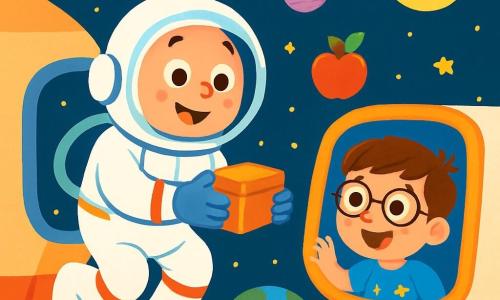Un hombre astronauta sonriente, vestido con un gran y brillante traje blanco, flota en el espacio. Su casco es transparente, revelando su rostro alegre con ojos brillantes de asombro. Sostiene una pequeña caja en sus manos, lista para recoger muestras. Cerca, un niño de 7 años, con cabello castaño y gafas, mira con fascinación a través de una ventana de la nave espacial. Lleva una camiseta azul con estrellas y una gran sonrisa en el rostro. El fondo de la ilustración muestra un cielo estrellado, lleno de planetas coloridos y una luna brillante, mientras que la Tierra, redonda y azul, flota majestuosamente debajo. El astronauta y el niño están rodeados de objetos flotantes como una pluma y una manzana, creando una atmósfera mágica y lúdica.