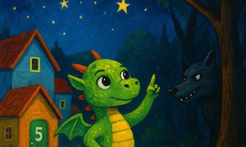 Ein kleiner Drache namens Funke, mit glänzenden Schuppen und neugierigen Augen, steht vor einer Holztür mit der Nummer fünf. Er wirkt entschlossen und mutig, während er die Sterne am Nachthimmel zählt. Neben ihm beobachtet ein großer böser Wolf mit dunklem Fell und schlauen Augen aus dem Schatten der Bäume heraus, mit einem schelmischen Lächeln. Die Szenerie ist ein malerisches Dorf mit bunten Häusern, jede Tür zeigt eine eigene Nummer. Die Szene spielt am Rand eines alten Waldes, wo die Bäume Geheimnisse zu flüstern scheinen. Die Hauptsituation zeigt Funke, der das Dorf schützt, indem er die Sterne zählt, was die Stärke von Versprechen und Freundschaft angesichts der Lügen des Wolfs symbolisiert.