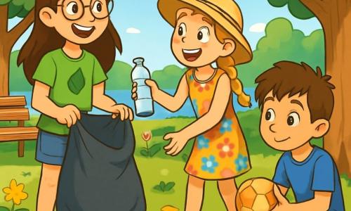 Hay 3 personajes: - Valeria: una niña de 11 años, con cabello largo castaño y gafas redondas. Lleva una camiseta verde con un diseño de hoja y un short de mezclilla. Está de pie, sosteniendo una gran bolsa de basura, sonriente y llena de energía. - Sofía: una niña de 11 años, con cabello rubio trenzado y un sombrero de paja. Lleva un vestido colorido con flores y sandalias. Está al lado de Valeria, recogiendo una botella de plástico con una gran sonrisa. - Lucas: un niño de 10 años, con cabello corto y despeinado. Lleva una camiseta azul y un short rojo. Está agachado frente a un árbol, sosteniendo una pelota vieja que encontró, con una expresión curiosa en su rostro. El lugar es un parque central luminoso, lleno de árboles verdes, flores coloridas y un cielo azul brillante. Hay bancos de madera dispersos y a lo lejos, un lago brilla bajo el sol. El suelo está cubierto de hojas y pequeños desechos que los niños están a punto de recoger. La situación principal muestra a los niños en plena acción, limpiando el parque. Valeria y Sofía se ríen juntas mientras recogen basura, mientras que Lucas descubre objetos olvidados, creando un ambiente alegre y comprometido con la protección del medio ambiente.