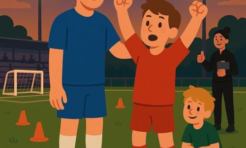 Ein junger Mann namens Jonas, rundes Gesicht und ruhiges Lächeln, kurze braune Haare, blaues Fußballtrikot und weiße Stutzen, legt beruhigend die Hand auf die Schulter eines Mitspielers und schaut zur Gruppe; ein etwa 15-jähriger Junge namens Leon, energiegeladenes Gesicht und gerötete Wangen, rotes Trikot, hebt noch die Arme in Feier, wirkt aber leicht unsicher und steht direkt vor Jonas; ein jüngerer Junge namens Sami, etwa 12, blonder zerzauster Haaransatz, grünes Trikot, lächelt schüchtern und blickt von ein paar Schritten hinter ihnen zu Jonas und Leon; die etwa 35-jährige Trainerin Mira mit Dutt, schwarzer Sportkleidung und Klemmbrett, steht lächelnd an der Seitenlinie und zeigt Daumen hoch; Ort: kleines Trainingsstadion in der Dämmerung mit kurzgemähter grüner Rasenfläche, weißen Torpfosten, verstreuten orangen Hütchen, spärlichen Tribünen und gelb-weiß leuchtenden Flutlichtmasten; Szene: Augenblick nach einem Tor im Trainingsspiel, Jonas beruhigt und sammelt die Mannschaft mit ruhigen Gesten und sicherem Blick, Leon hat gerade getroffen und lernt zu feiern, ohne andere zu übergehen, warme, lehrreiche Atmosphäre, gut ablesbare Mimik, kontrastreiche Farben und einfache Formen, Komposition zentriert auf das Trio Jonas-Leon-Sami mit Mira im Hintergrund.