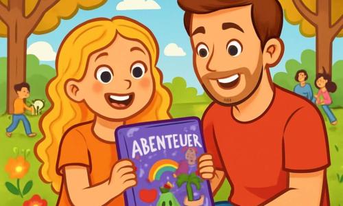 Ein 10-jähriges Mädchen, Leni, mit langen, lockigen blonden Haaren, lächelt fröhlich, ihre Augen funkeln vor Aufregung. Sie hält ein handgemachtes Buch, verziert mit bunten Zeichnungen und Glitzer, und sitzt auf dem grünen Gras eines sonnigen Parks. Neben ihr sitzt ihr Papa, ein Mann in seinen Dreißigern mit einem leichten Bart und einem warmen Lächeln, der stolz auf das Buch schaut, auf einer Picknickdecke. Der Park ist voller bunter Blumen, großer Bäume mit goldenen Blättern und einem blauen Himmel, der mit fluffigen weißen Wolken bedeckt ist. Im Hintergrund haben Familien Spaß, spielen mit einem Ball und lachen zusammen. Die Hauptsituation zeigt Leni, die ihrem Papa ihr Abenteuerbuch anbietet, ein Moment der Zärtlichkeit und des geteilten Glücks, der die Liebe und Freude des Vatertags symbolisiert.