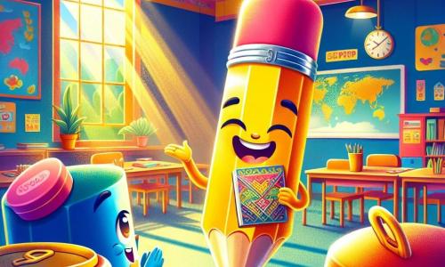 No centro da imagem, um lápis amarelo vivo chamado Léo, com a ponta bem afiada e uma borracha rosa na extremidade, exibe um grande sorriso de empolgação e orgulho. Ele está apresentando um desenho colorido aos seus colegas, com os braços abertos, como se estivesse compartilhando uma bela descoberta. À sua direita, uma borracha azul chamada Bela, com olhos brilhantes e um sorriso encorajador, aplaude Léo com entusiasmo. À sua esquerda, uma lata vermelha chamada Pedro, com uma textura brilhante e padrões elegantes, observa Léo com admiração, seus olhos brilhando de orgulho pelo amigo. O cenário é uma sala de aula iluminada e colorida, decorada com desenhos nas paredes, mapas do mundo e decorações representando diferentes culturas. Raios de sol filtram pelas janelas, iluminando o espaço e criando uma atmosfera acolhedora. A situação principal mostra Léo, cercado por seus amigos, compartilhando seu projeto sobre diversidade cultural, celebrando juntos suas diferenças e talentos únicos em um ambiente alegre e colaborativo.