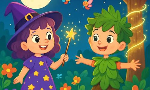 Lila, uma jovem bruxa de oito anos, está em seu jardim encantado, com cabelos cacheados e um vestido roxo adornado com estrelas douradas. Ela tem olhos brilhantes de curiosidade e um sorriso radiante, segurando sua varinha cintilante em uma mão, pronta para liberar sua magia. Ao seu lado, um menino das folhas, de sete anos, tem cabelos de folhas de carvalho e olhos verdes brilhantes. Ele sorri alegremente, com os braços abertos, como se estivesse pronto para dançar. O jardim está cheio de flores coloridas, cipós cintilantes e pequenas criaturas mágicas que voam ao redor deles, enquanto uma lua cheia brilha no céu estrelado, projetando uma luz suave e prateada sobre a cena. Lila e o menino das folhas estão prestes a liberar um fio de luz enrolado em torno de uma árvore, simbolizando sua amizade nascente e a magia que os rodeia.