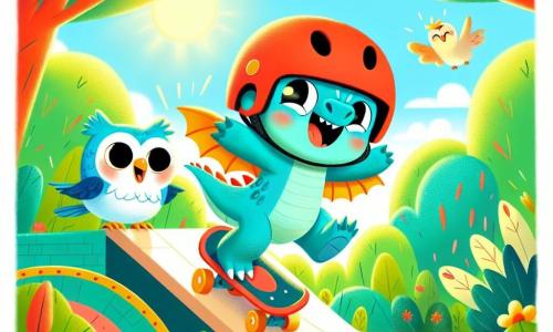 Un piccolo drago blu, di nome Luna, con scaglie brillanti e un casco rosso in testa, sorride con occhi scintillanti di gioia. È sulla sua tavola da skateboard, mentre scivola con entusiasmo su una rampa. Accanto a lui, una piccola civetta di nome Piuma, con piumaggio morbido e occhi rotondi, applaude con un grande sorriso, fluttuando leggermente nell'aria. Il contesto è un parco soleggiato, pieno di alberi verdi con foglie brillanti e fiori colorati che danzano nel vento. I raggi di sole filtrano tra i rami, creando ombre divertenti sul terreno. Luna, piena di energia, si lancia sulla rampa, mentre Piuma lo incoraggia con grida di gioia. È un momento di felicità e amicizia, dove il drago e la civetta condividono la loro passione per lo sport insieme.