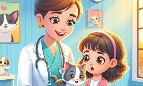 La scena mostra la dottoressa Anna, una donna sulla trentina con capelli castani raccolti in uno chignon, che indossa un camice bianco e un sorriso caloroso. È chinata con attenzione su un piccolo gattino grigio e bianco di nome Macchia, che esamina con dolcezza, i suoi occhi brillano di empatia e concentrazione. Accanto a lei, Margherita, una ragazza di otto anni con capelli ricci e grandi occhi curiosi, tiene Macchia tra le braccia, mostrando un'espressione di preoccupazione mista a speranza. Guarda la dottoressa con ammirazione, pronta ad imparare come prendersi cura del suo prezioso gattino. La scena si svolge in un ambulatorio veterinario colorato, con pareti dipinte di azzurro chiaro, poster di animali sorridenti appesi e giocattoli per animali sparsi sul pavimento. Una grande finestra lascia entrare la luce del sole, creando un'atmosfera calda e accogliente. La situazione principale mostra la dottoressa Anna che esamina attentamente la zampa di Macchia, mentre Margherita osserva con interesse, impaziente di scoprire cosa non va con il suo gattino. L'atmosfera è sia seria che piena di speranza, illustrando l'amore e la cura che si riservano agli animali.