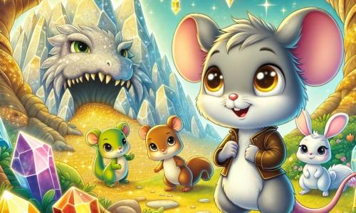 A little mouse named Max, with soft gray fur and sparkling curious eyes, stands bravely in front of a huge shimmering cave, a determined smile on his face. He is surrounded by gemstones and crystals that shine like stars. Next to him, Bella the rabbit, with her white fur and large ears, jumps with excitement, her eyes shining with joy, while Leo the squirrel, with his bushy tail and brown fur, watches carefully, ready to help. The scene takes place in an enchanted forest, where the trees are tall and twisted, their leaves sparkling in the sun, and colorful flowers dance around them. Determined, Max is about to ask the sleeping dragon in the center of the cave for permission to share the treasure with his friends.