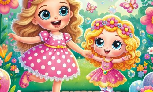 O fetiță de 2 ani, Mia, cu ochi mari și strălucitori și un zâmbet radiant, dansează vesel într-o grădină fermecată, înconjurată de flori colorate și fluturi care zboară. Ea poartă o rochie roz cu buline albe și sandale mici, râzând în timp ce ține mâna păpușii sale magice. Păpușa, care pare a avea aproximativ 10 ani, are părul lung blond și ondulat și poartă o rochie strălucitoare. Ea plutește ușor deasupra solului, cu un zâmbet jucăuș, făcând mișcări amuzante de dans. Grădina este plină de flori uriașe în culori vii, arbuști în formă de animale și o fântână strălucitoare în centru, unde bule de săpun plutesc în aer. Situația principală o arată pe Mia și păpușa ei distrându-se împreună, creând bule de săpun care se ridică spre cer, în timp ce râd și dansează, înconjurate de magia grădinii.