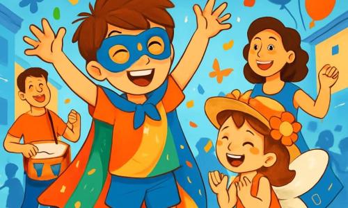 Um menino de 8 anos, Tomás, com cabelos castanhos bagunçados e olhos brilhantes de alegria, usa uma capa colorida feita de tecidos brilhantes e uma máscara azul adornada com uma estrela. Ele dança com um grande sorriso, braços levantados para o céu, cercado por confetes coloridos que caem ao seu redor. Ao seu lado, sua irmã Lila, uma menina de 6 anos, tem asas de papel brilhantes e um chapéu florido. Ela ri batendo palmas, contribuindo para a atmosfera festiva. Um pouco mais longe, seu pai, um homem sorridente na casa dos trinta anos, toca tambor com entusiasmo, enquanto sua mãe, uma mulher alegre na mesma faixa etária, dança olhando-os com orgulho. A cena ocorre em uma rua animada, decorada com guirlandas coloridas e balões flutuantes, onde crianças e adultos dançam juntos, criando uma atmosfera vibrante e alegre. Luzes cintilantes iluminam o céu azul, enquanto borboletas de papel voam ao redor dos personagens. A situação principal mostra Tomás e Lila no coração de um carnaval, cercados por música e risos, dançando e celebrando com os amigos, enquanto confetes coloridos caem como estrelas em uma noite mágica.