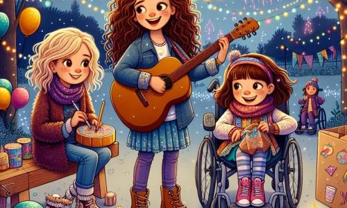 Trzy dziewczynki, w wieku około 10 lat, stoją razem w parku oświetlonym kolorowymi girlandami. Zosia, dziewczynka z kręconymi brązowymi włosami, gra na gitarze z szerokim uśmiechem, siedząc na huśtawce. Maja, z blond włosami i grzywką, stoi obok niej, trzymając kolorowe papiery i kredki, gotowa do rysowania dekoracji. Basia, dziewczynka z kasztanowymi włosami, siedzi na wózku inwalidzkim, otoczona kolorowymi balonami, i radośnie uśmiecha się, trzymając talerz z ciastkami. Park jest udekorowany migoczącymi światłami, z drzewami pokrytymi girlandami i dużą ręcznie malowaną tablicą z napisem "Szczęśliwego Nowego Roku!". W oddali fajerwerki rozświetlają nocne niebo, dodając magicznego akcentu do sceny. Trzy przyjaciółki przygotowują przyjęcie noworoczne, rozmawiając i śmiejąc się razem, podczas gdy inni dzieci i dorośli zaczynają do nich dołączać, aby wspólnie świętować tę wyjątkową noc.