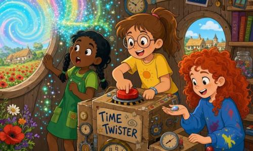 Three girls: Mia, 10, light chestnut hair in a ponytail, round glasses and a yellow T‑shirt, stands center in front of a makeshift cardboard console with clocks, hands on a big red button; Lily, 9, black hair in a braid, green pocketed dress, stands to Mia’s left with an amazed look and one hand on the cabin porthole; Zoe, 9, curly red hair, blue paint‑stained sweatshirt, stands to Mia’s right leaning over a small sparkling stone in her palm. They are in a small wooden treehouse with round windows, a garland of colorful buttons and clocks on the wall, surrounded by a flowered meadow with red poppies and a thatched‑roof village visible in the distance. The 