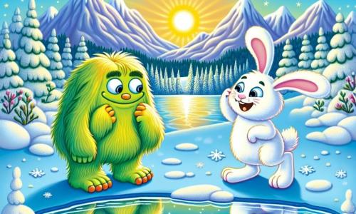 Truki, el pequeño monstruo verde y peludo, con grandes ojos brillantes y una sonrisa cálida, está al borde de un lago helado, mirando su reflejo en el hielo con curiosidad y asombro. A su lado, una liebre blanca con un pelaje brillante, grandes orejas erguidas y ojos chispeantes, salta alegremente en la nieve, lista para acompañarlo en su aventura. El paisaje es una majestuosa montaña cubierta de una espesa capa de nieve brillante, con árboles nevados que parecen bailar al viento. El cielo es de un azul radiante, salpicado de nubes esponjosas, y el sol brilla, creando reflejos centelleantes en la superficie del lago helado. La situación principal muestra a Truki descubriendo su reflejo en el lago, mientras la liebre lo anima a ser valiente y explorar los misterios de la montaña.