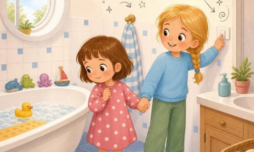 Twee meisjes: Anna (ongeveer 5) met kort bruin haar, roze stippenjurk en gele schoenen, kijkt met een mengeling van verlegenheid en opluchting naar de badkuip terwijl ze linkshandig Noor vasthoudt; Noor (ongeveer 6) met blonde vlecht, lichtblauwe trui en groene broek, staat rechts, heeft de schakelaar ingedrukt en kijkt geruststellend naar Anna. Kleine gezellige badkamer, half-dichtbij aanzicht, witte tegels met kleine blauwe ruitjes, gestreepte handdoek aan haak, witte badkuip met geel antislipmatje, ronde raampje met zacht licht en speeltjes op de rand. De lamp gaat aan en onthult een gele rubberen eend; warme pastelkleuren, duidelijke uitdrukkingen en eenvoudige, leesbare compositie voor peuters, met kleine doodles van belletjes en sterretjes rond de lamp.