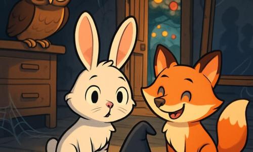 Un coniglio bianco di nome Binky, con grandi orecchie morbide e un naso che trema d'eccitazione, si trova al centro di una stanza buia e polverosa. Ha occhi rotondi e brillanti, pieni di curiosità e un po' di apprensione. Accanto a lui, una volpe rossa di nome Flick, con un pelo splendente e una coda folta, sorride gioiosamente, pronta a esplorare. Un gufo saggio, Oliver, con piume marroni e occhi penetranti, li osserva incoraggiandoli, posato su una vecchia mensola. La stanza è piena di oggetti misteriosi: ragnatele negli angoli, vecchi mobili coperti di polvere e un grande specchio antico che riflette sagome strane. In fondo, una porta scricchiolante si apre su un giardino segreto illuminato da lanterne colorate. La scena principale mostra Binky, Flick e Oliver insieme, mentre scoprono un vecchio cappello di Halloween perduto, circondati da un'atmosfera di avventura e mistero, pronti a vivere una notte magica di Halloween.