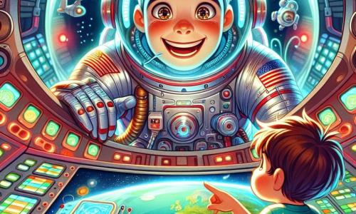 An astronaut, Captain Leo, joyfully floats in his large silver spacesuit, with a big smile on his face and sparkling eyes full of excitement. He holds a shiny tool in his hand, ready to fix a device. Next to him, a voice comes through the radio belonging to a seven-year-old boy, Max, who appears on a control screen. Max has messy brown hair and wears a blue t-shirt with stars, watching the astronaut in awe. The scene takes place inside a futuristic spaceship with rounded walls and flashing red and green lights. Screens display images of Earth and twinkling stars outside. Captain Leo is repairing the oxygen filter while Max observes with curiosity and admiration from Earth. The atmosphere is filled with energy and adventure, illustrating the bond between the astronaut and the young boy who dreams of space.