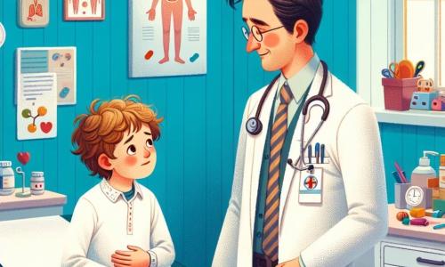 Ein männlicher Arzt, Dr. Max Müller, steht in seiner Praxis, gekleidet in strahlendem Weiß, mit einem Stethoskop um den Hals. Er hat leicht gewelltes braunes Haar, eine runde Brille und ein warmes Lächeln, das seine Freundlichkeit zeigt. Er untersucht einen etwa 8-jährigen Jungen, Tim, der zerzaustes blondes Haar und ein besorgtes Gesicht hat. Tim sitzt auf einer Untersuchungsliege, hält sich den Bauch und zeigt einen Ausdruck von Schmerz, aber auch von Hoffnung, während er Dr. Max ansieht. Die Praxis ist hell und einladend, mit hellblauen Wänden, bunten Gesundheitsplakaten und verstreuten Spielzeugen auf einem Regal. Ein Fenster lässt Sonnenlicht herein, das den Raum erhellt. In dieser Szene beruhigt Dr. Max Tim, erklärt ihm sanft, dass er ihm helfen wird, sich besser zu fühlen, während er Notizen auf einem Tablet macht. Die Atmosphäre ist warm und voller Mitgefühl, was die Bedeutung der Medizin und der Unterstützung in schwierigen Momenten verdeutlicht.