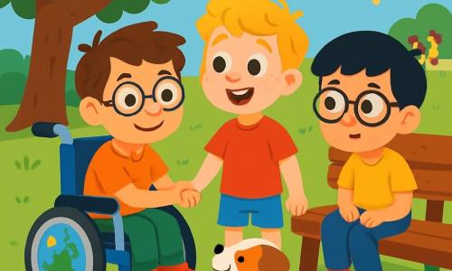 Hay 3 personajes: - Martín: un niño de 8 años, con cabello castaño desordenado y gafas redondas. Está sentado en una bonita silla de ruedas azul decorada con pegatinas de dinosaurios, sonriendo con amabilidad. - Lucas: un niño de 7 años, con cabello rubio y pecas en la cara. Está de pie al lado de Martín, sosteniendo su mano, con una gran sonrisa y ojos brillantes de curiosidad. - Tomás: un niño de 7 años, con cabello negro y gafas. Está sentado en el banco, un poco apartado, mirando al perrito con una expresión de duda, pero también de curiosidad. El lugar es un parque soleado, con hierba verde brillante, flores coloridas y un gran árbol de follaje denso. A lo lejos, se puede ver un pequeño camino de grava y niños jugando alegremente. La situación principal muestra a los tres amigos frente a un pequeño perrito blanco con manchas marrones, que se acerca a ellos. Martín anima a Tomás a superar su miedo, mientras que Lucas sonríe y sostiene la mano de su amigo para darle valor. Los rayos del sol iluminan la escena, creando una atmósfera cálida y amigable.
