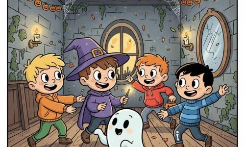 Hay cinco personajes: cuatro niños de 6 años —Pablo, pelo castaño corto y ojos risueños, en el centro con un gran sombrero de mago morado, capa brillante y una pequeña varita; Lucas, rubio despeinado, chaqueta naranja y pantalón verde, a la izquierda riendo y tendiendo la mano a un pequeño fantasma; Mateo, pelo negro liso y suéter azul a rayas, a la derecha imitando una pose de esqueleto; Diego, pelirrojo con pecas y sudadera roja, detrás saltando y sujetando una linterna de calabaza— y un fantasma amigo, Casper, pequeño y translúcido con ojos amables, flotando y extendiendo una mano etérea para invitar a bailar; todo ocurre en una gran sala de una vieja casa encantada con muros de piedra cubiertos de hiedra, suelo de tablas agrietadas, telarañas en las esquinas, velas parpadeantes, ventanas redondas con luna llena dorada, guirnaldas de pequeñas calabazas luminosas y un espejo ovalado agrietado; la escena muestra una fiesta de Halloween alegre con los niños y el fantasma bailando entre luces cálidas, confeti de hojas otoñales, sonrisas amplias, poses caricaturescas y una paleta cálida (naranja, violeta, dorado) contrastando con suaves sombras.