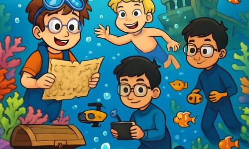 Er zijn 4 kinderen: - Tygo: een 10-jarig jongen met rommelig bruin haar en duikbril op zijn voorhoofd. Hij houdt een oude onderwaterkaart in zijn handen en kijkt opgewonden naar de horizon. - Finn: een 10-jarig jongen met blond haar en sprankelende ogen, die vrolijk naast Tygo zwemt met een grote glimlach op zijn gezicht. - Nouri: een 10-jarig jongen met zwart haar en een bril, die geconcentreerd een kleine onderwaterdrone bedient, kijkend naar zijn scherm. - Luc: een 10-jarig jongen met kastanjebruin haar en een vriendelijke glimlach, die zich verplaatst in zijn duikpak, omringd door kleurrijke vissen. De situatie speelt zich af op een prachtig koraalrif, vol met levendige kleuren van koralen en tropische vissen, met lichtstralen die door het kristalheldere water filteren. Op de achtergrond is een oud schipwrak te zien, bedekt met koralen en schelpen, wat een vleugje mysterie aan de scène toevoegt. De kinderen verkennen de zeebodem, verwonderd door de schoonheid van het onderwaterleven, terwijl ze een oude houten kist ontdekken, gedeeltelijk begraven in het zand, met luchtbellen die om hen heen ontsnappen.